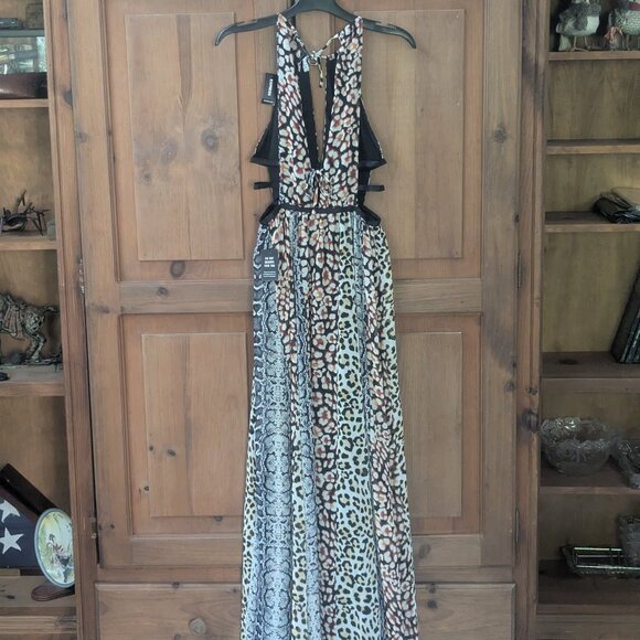 NWT Express Animal Print Maxi Dress High Neck Side Cutout Strappy Chiffon Small - Picture 2 of 6